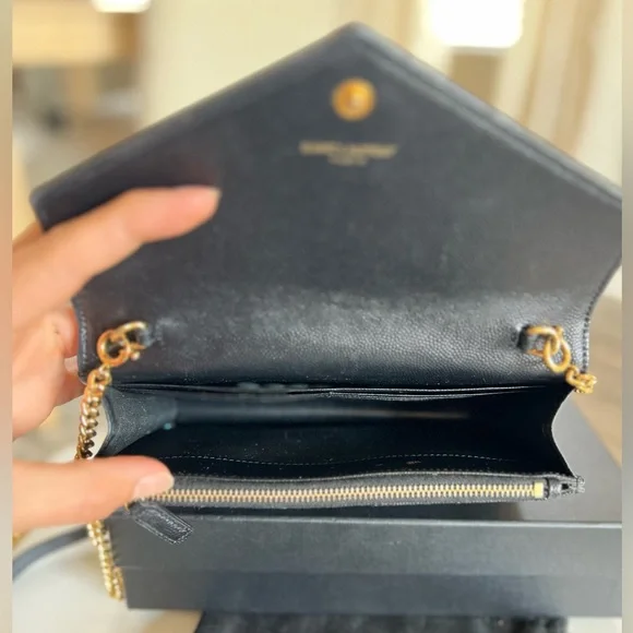SAINT LAURENT MATELASSE CHAIN WALLET with gold chain